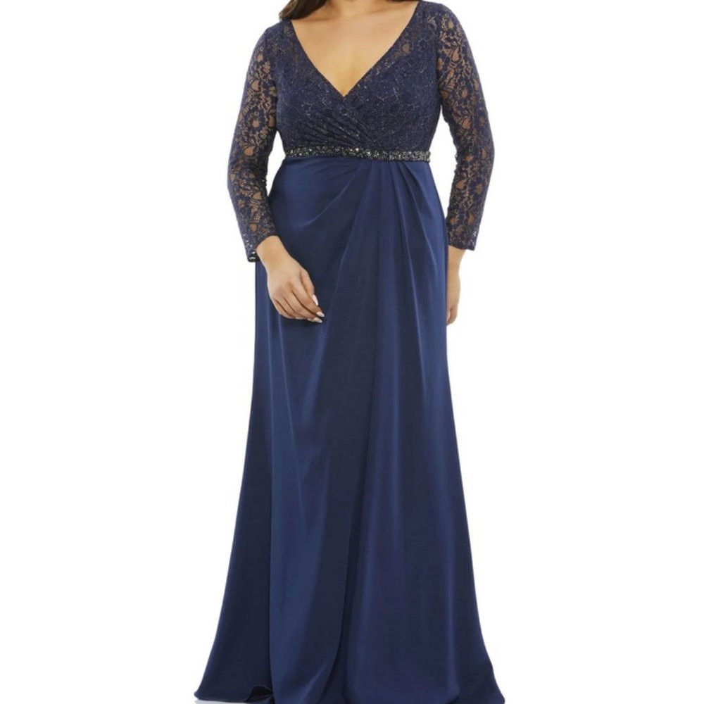 Mac Duggal Midnight Blue Long Sleeve Lace Bodice Beaded Belt Dress